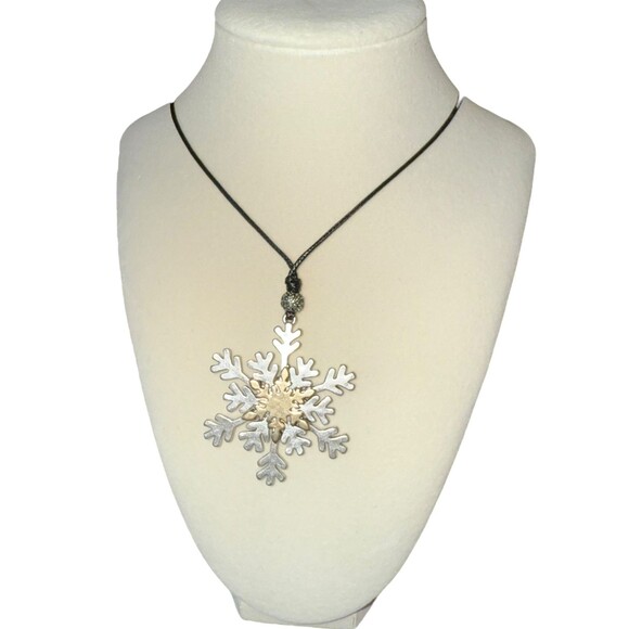 J. Jill Rhinestone Snowflake Pendant Necklace Reversible Adjustable Cord Rustic - Picture 13 of 16